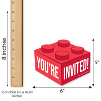Red brick-shaped card with 'YOU'RE INVITED!' text, shown with a ruler for size reference.