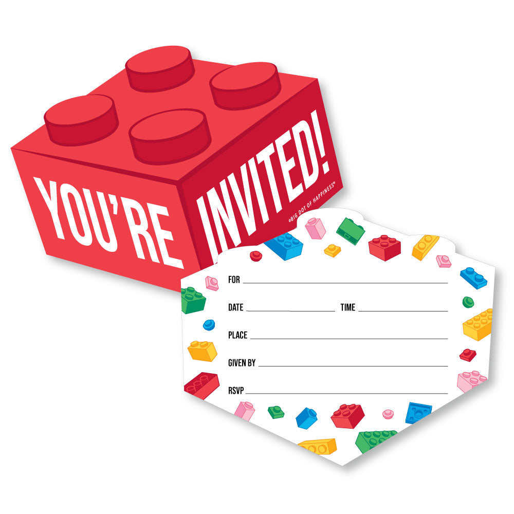 Red LEGO-style party invitations with a white card featuring colorful LEGO pieces on a white background.