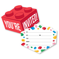 Red LEGO-style party invitations with a white card featuring colorful LEGO pieces on a white background.