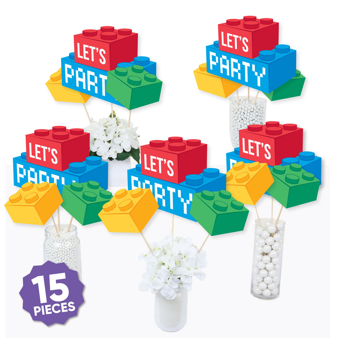 Colorful LEGO-themed party decorations with 'Let's Party' text on a white background.