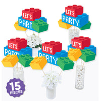 Colorful LEGO-themed party decorations with 'Let's Party' text on a white background.