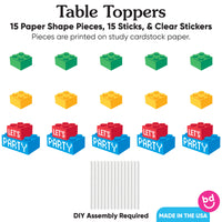 Table toppers with colorful building block pieces and 'Let's Party' blocks on a white background.