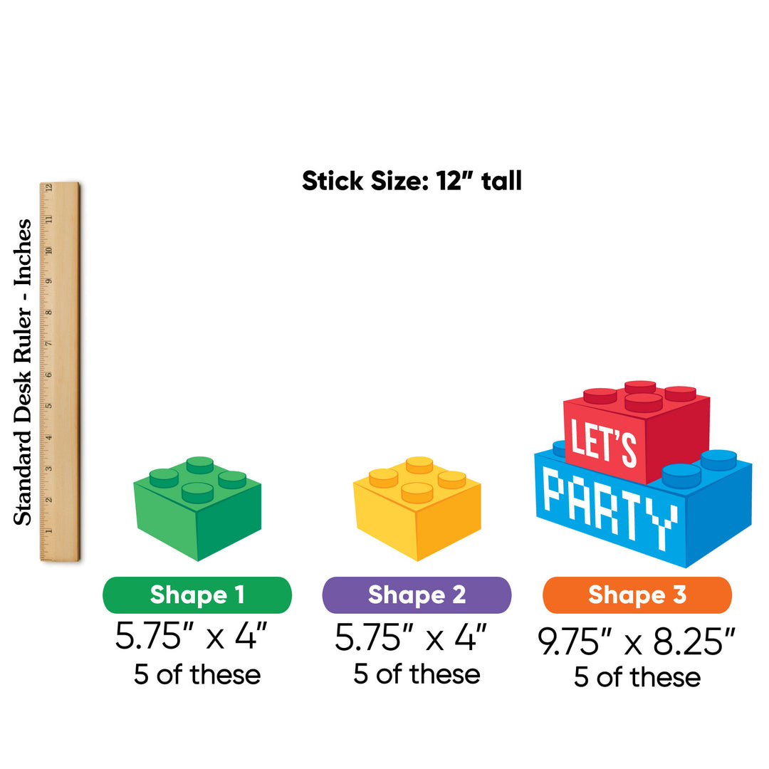 Illustration of building blocks party decor with dimensions and a ruler for scale on a white background.