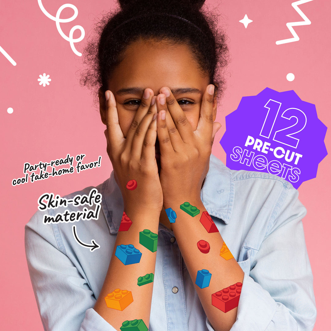 Person with colorful building block temporary tattoos on a pink background with text about product features.