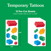 Packaging of temporary tattoos with colorful building block designs on a green background