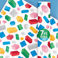 Colorful building block pattern on a roll of wrapping paper for gifts with '7 ft. Roll' text.