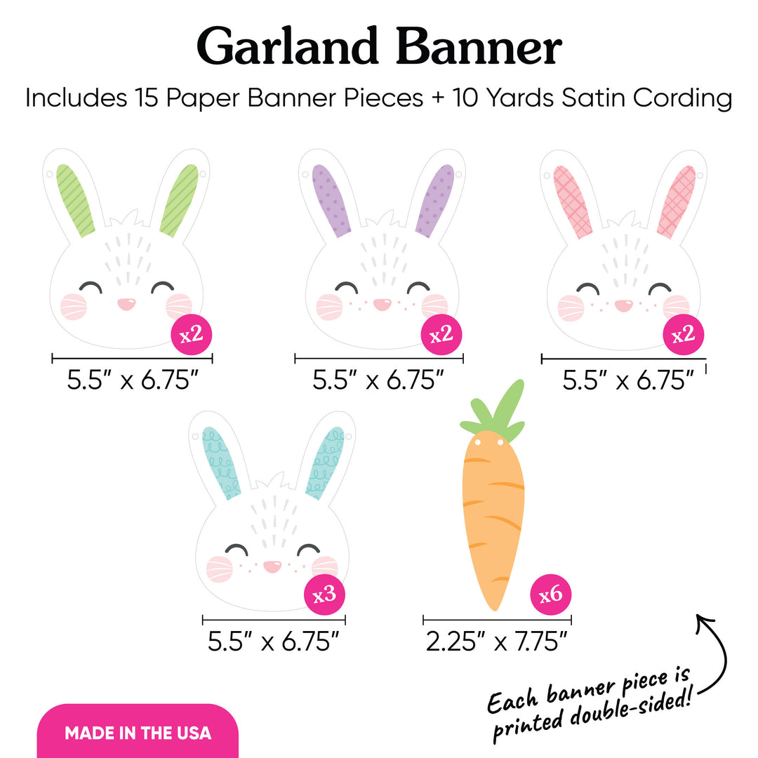 Garland banner with bunny and carrot designs and dimensions on a white background