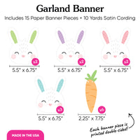 Garland banner with bunny and carrot designs and dimensions on a white background
