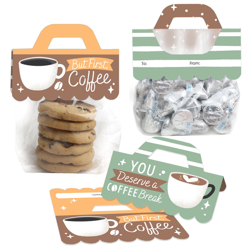 But First, Coffee - DIY Cafe Themed Party Clear Goodie Favor Bag Labels - Candy Bags with Toppers - Set of 24