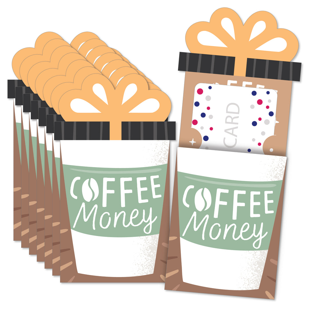 A set of coffee-themed gift card holders with various designs, including a sleeve with 'COFFEE MONEY' text and a space to insert a card, accompanied by a bow illustration.