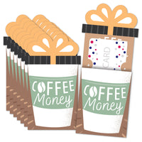 A set of coffee-themed gift card holders with various designs, including a sleeve with 'COFFEE MONEY' text and a space to insert a card, accompanied by a bow illustration.
