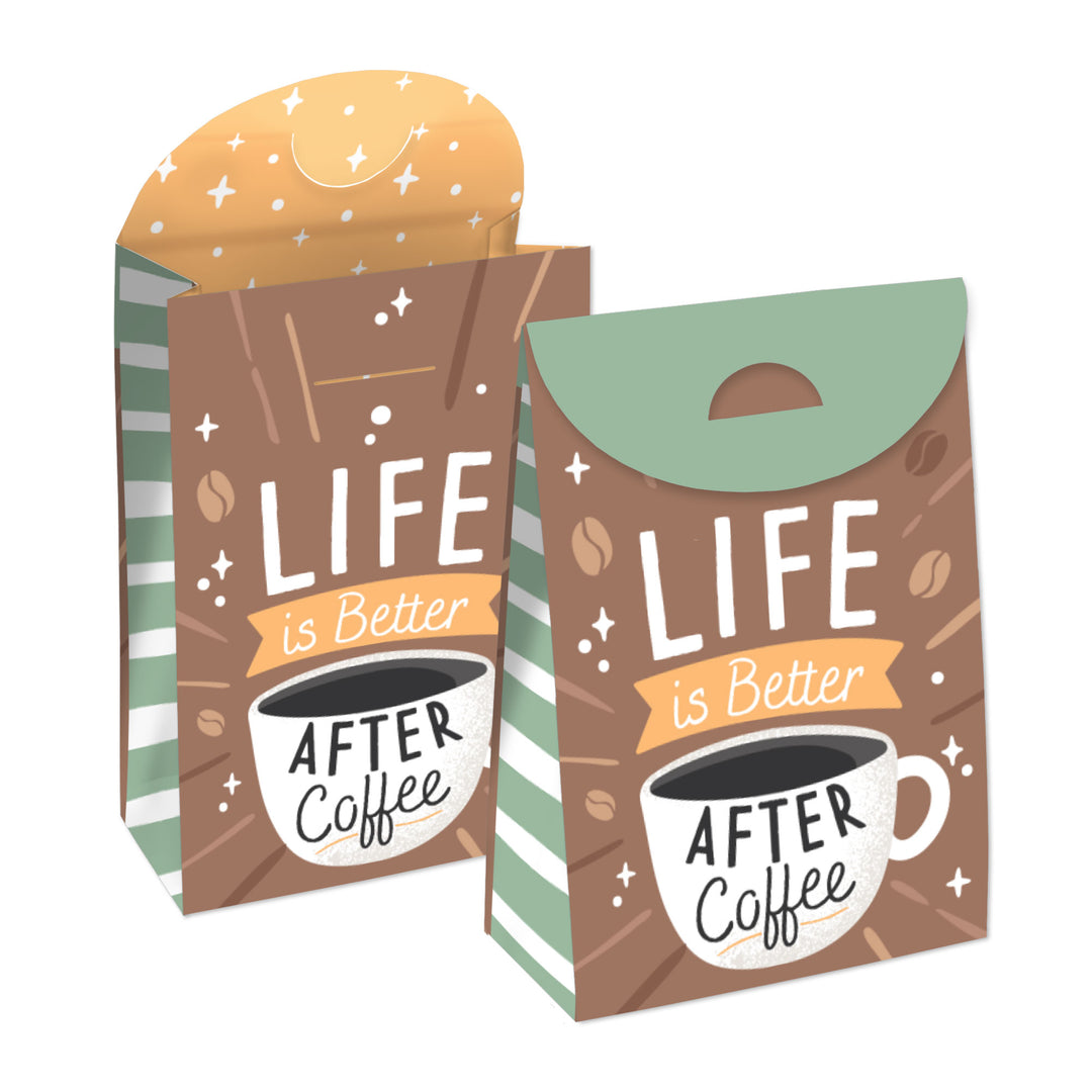 Two favor bags with a coffee theme, one with an open top showing a coffee cup and the other with a closed top. Both have the text 'LIFE is better AFTER Coffee' printed on them, against a striped background.