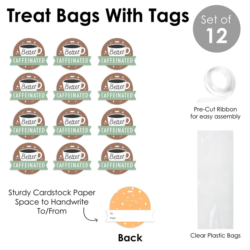 But First, Coffee - Cafe Themed Party Clear Goodie Favor Bags - Treat Bags With Tags - Set of 12