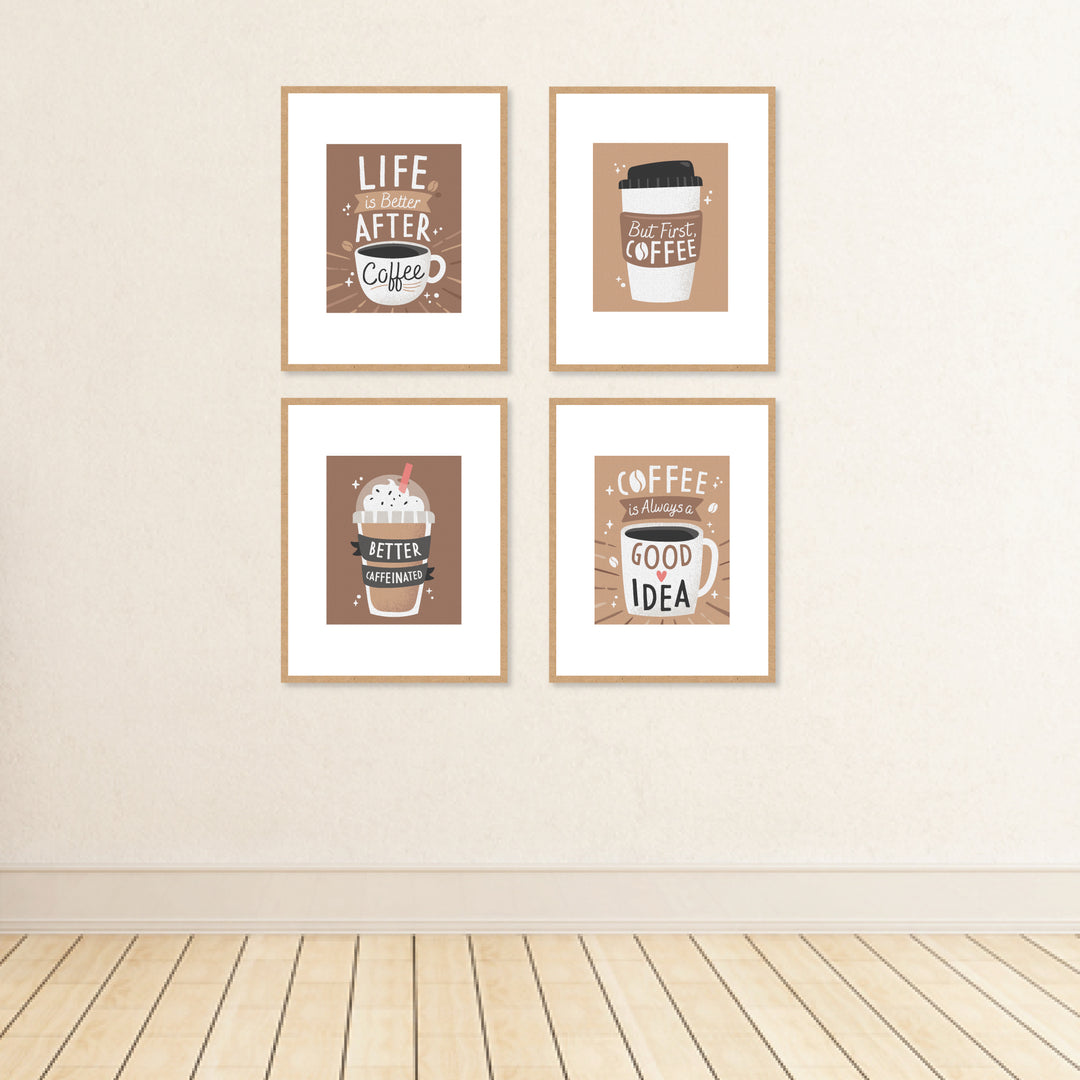 But First, Coffee - Unframed Kitchen Linen Paper Wall Art - Set of 4 - Artisms - 8 x 10 inches