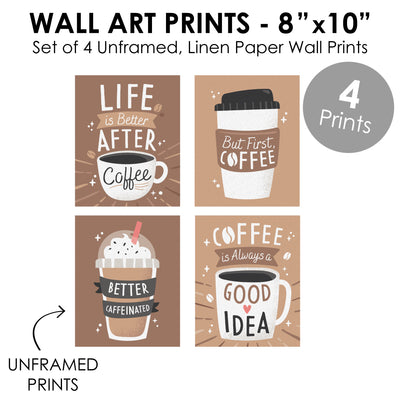But First, Coffee - Unframed Kitchen Linen Paper Wall Art - Set of 4 - Artisms - 8 x 10 inches