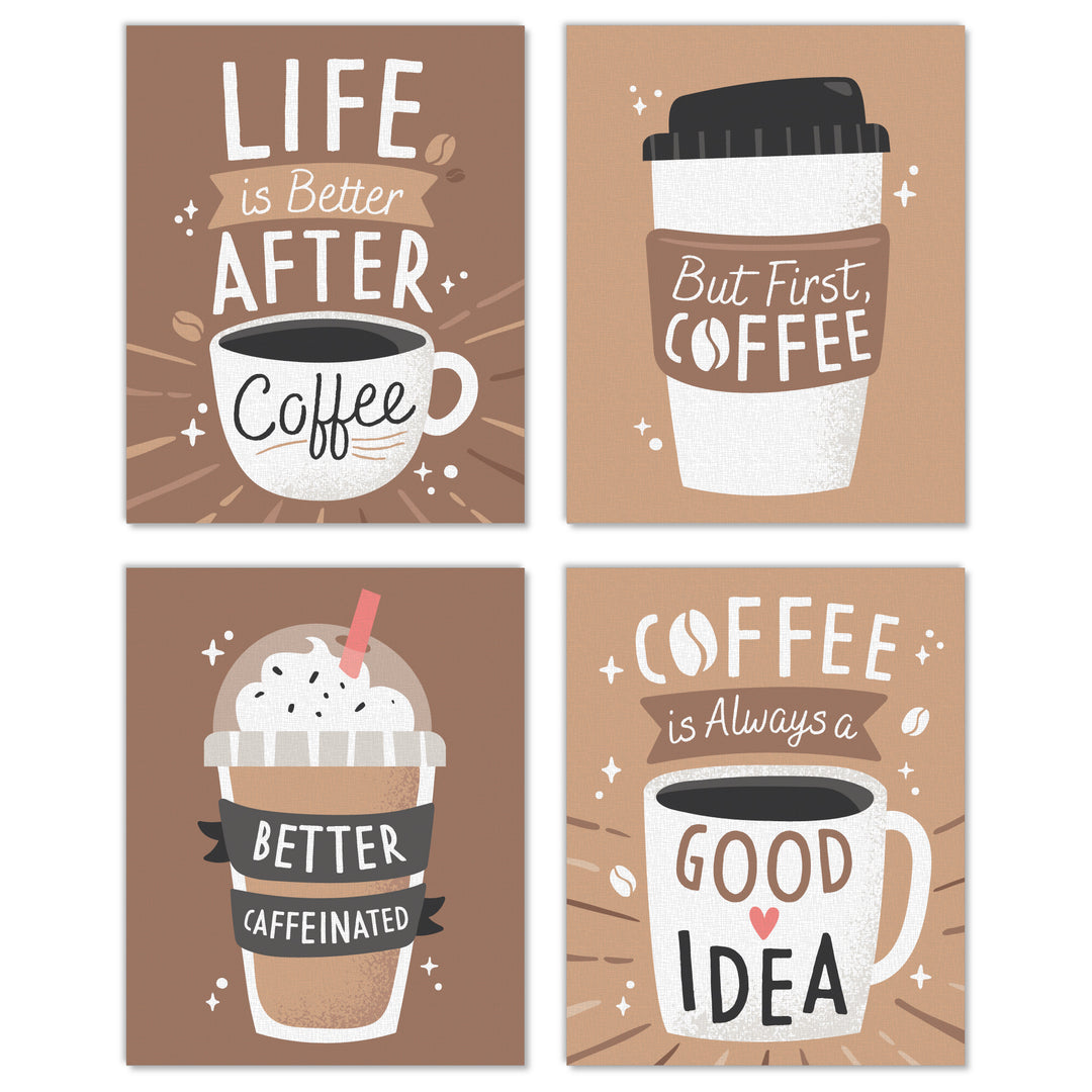 But First, Coffee - Unframed Kitchen Linen Paper Wall Art - Set of 4 - Artisms - 8 x 10 inches