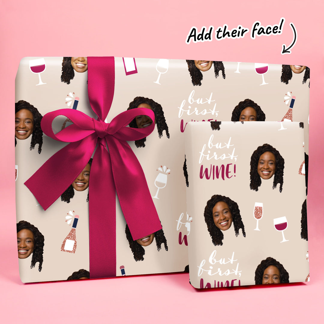 Wine Themed Gift box with a pink ribbon and personalized face feature on a pink background