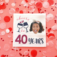 Personalized Napkin with 'Cheers to 40 Years' text on a pink background with confetti