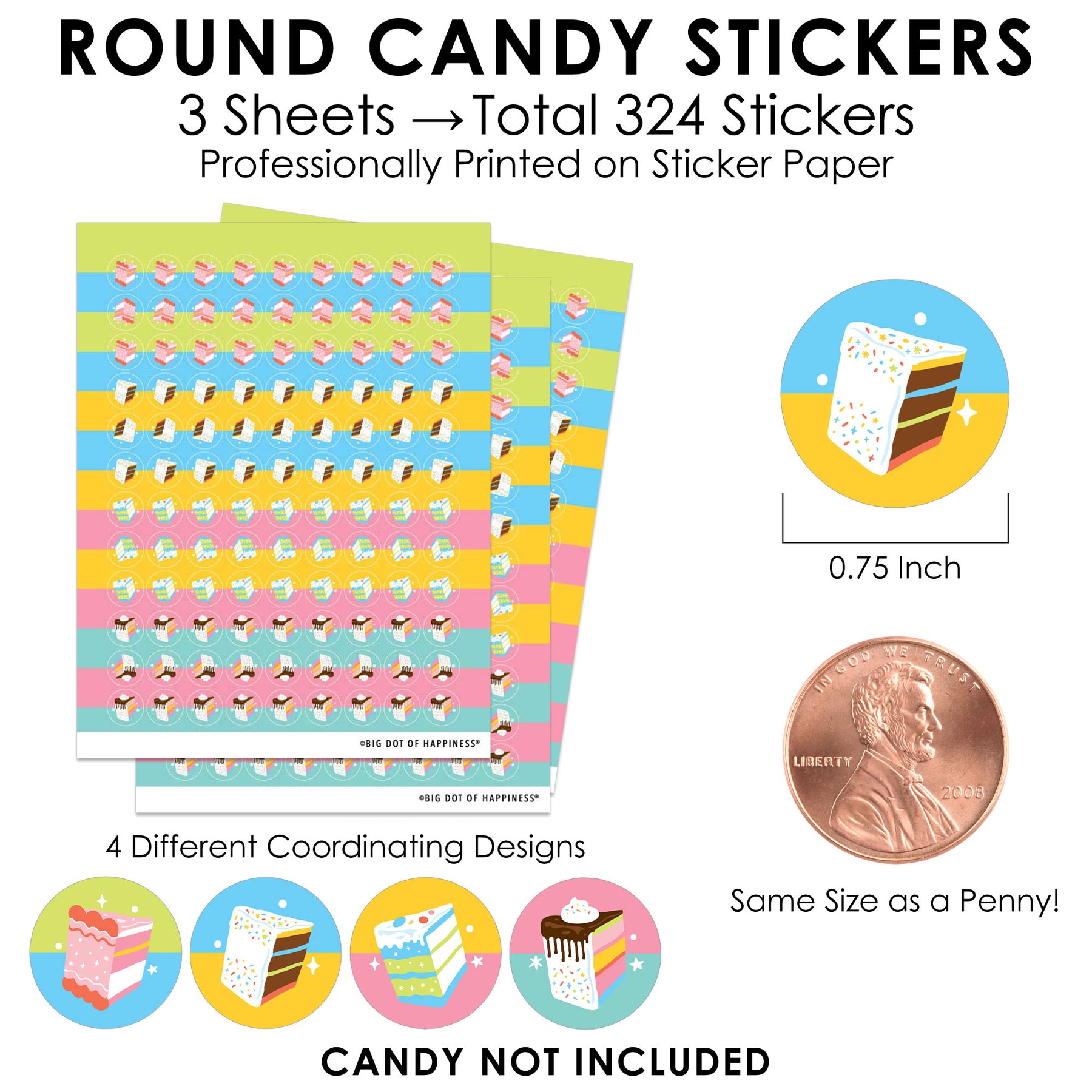 Cake Time - Happy Birthday Party Small Round Candy Stickers - Party Favor  Labels - 324 Count