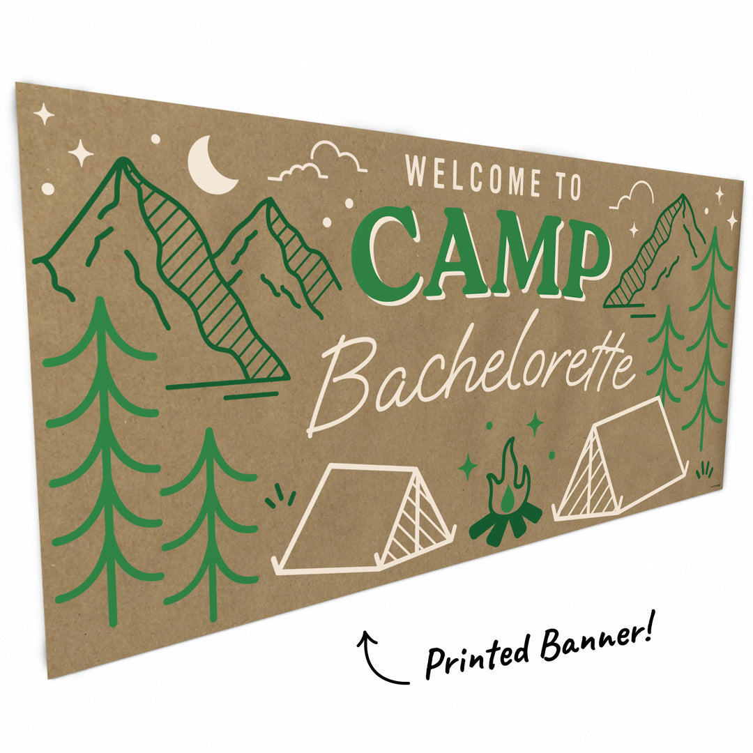 Close-up of mountain, pine tree, and campfire artwork on Camp Bachelorette banner