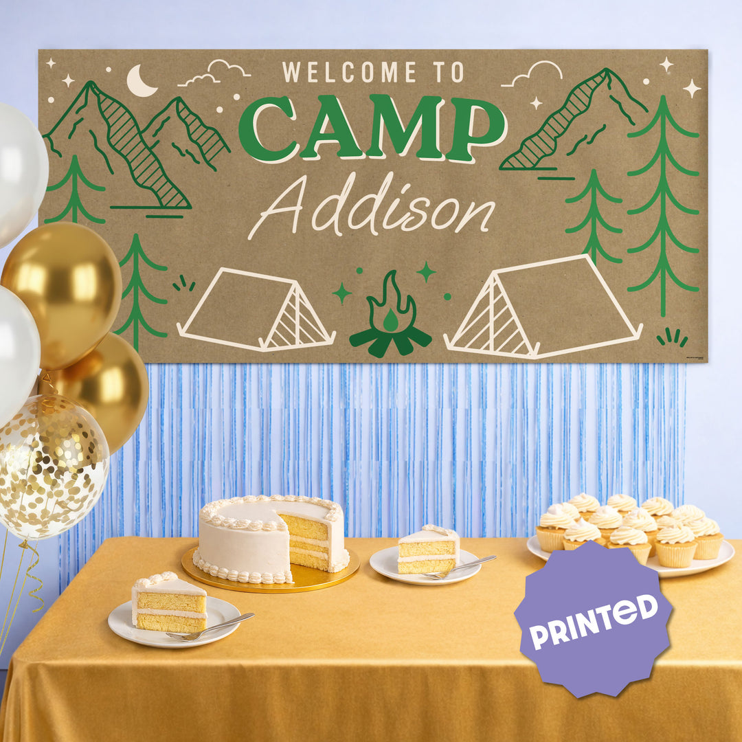 Welcome to Camp custom banner styled at cabin bachelorette party backdrop