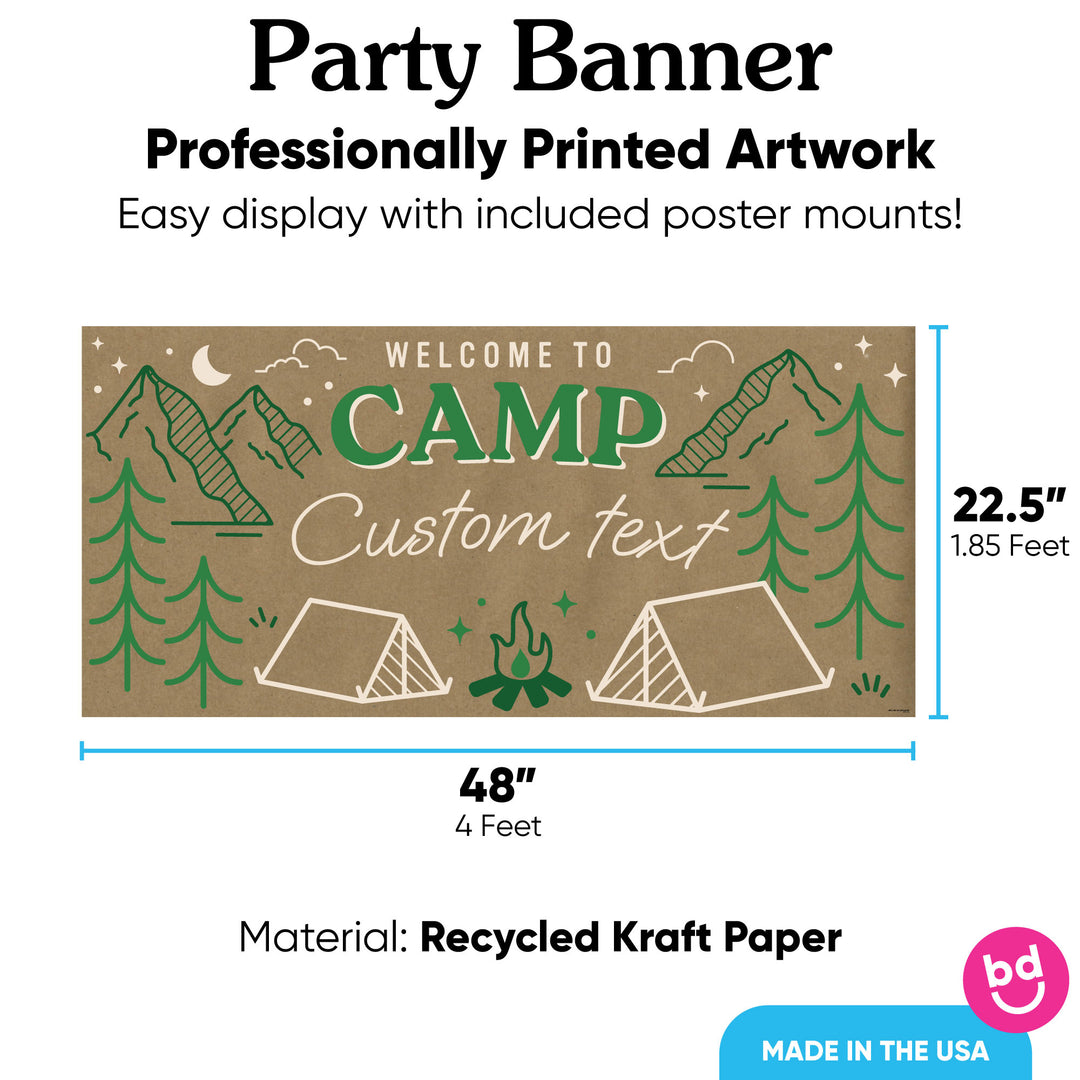 Camp party kraft banner 48x22.5 inches with 8 poster mounts included