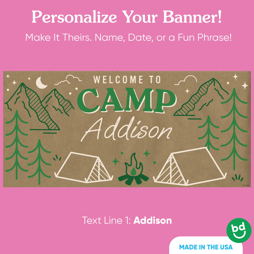 Custom text detail on Camp Bachelorette kraft paper banner