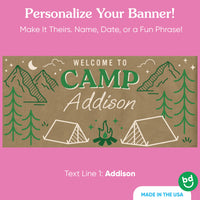 Custom text detail on Camp Bachelorette kraft paper banner