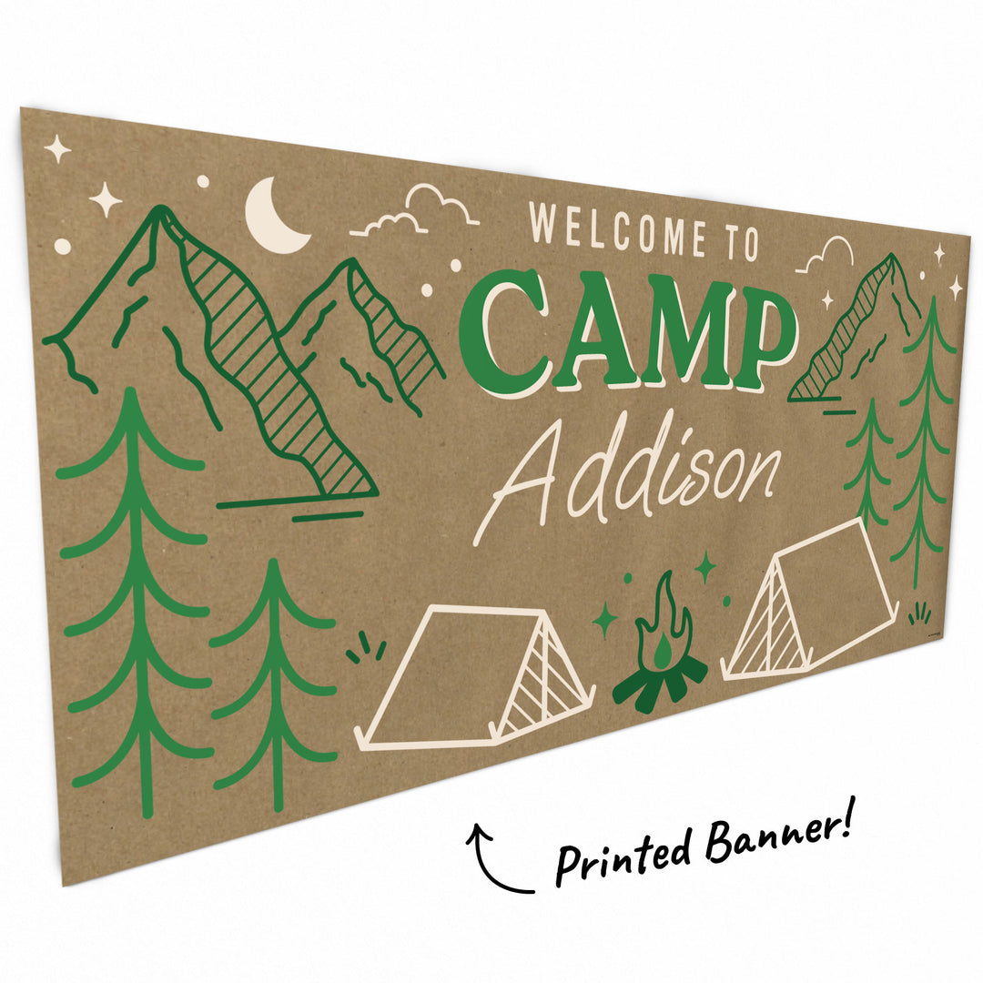Mountain, pine trees, tents and campfire design close-up on kraft banner