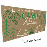 Mountain, pine trees, tents and campfire design close-up on kraft banner