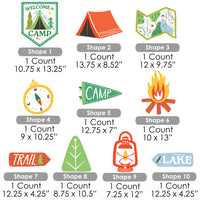 Set of camping-themed shapes with dimensions and descriptions on a white background