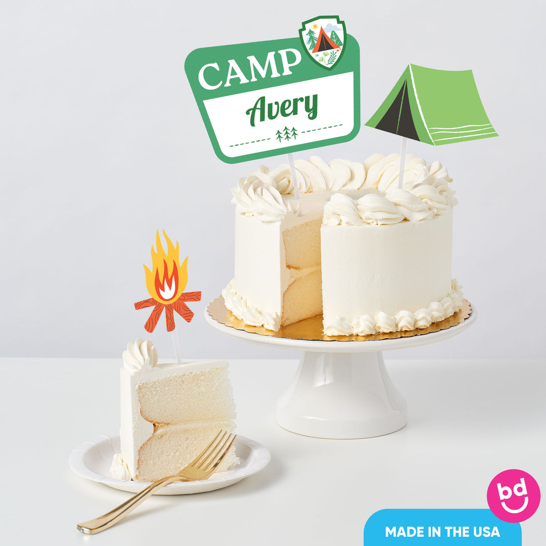 Camping birthday cake with personalized topper