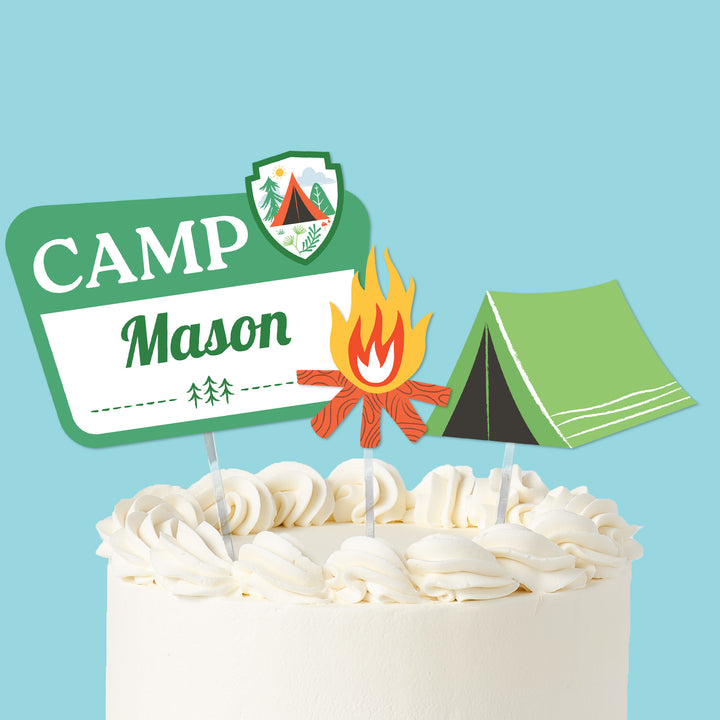 Custom camping cake topper with name on cake