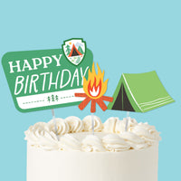 Camping cake toppers set on birthday cake