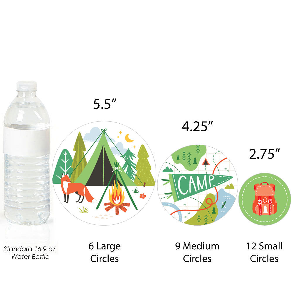 Camping themed confetti close-up with tents and campfire designs