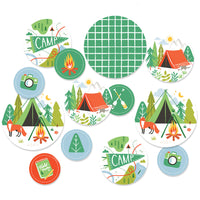 Personalized camping kraft banner with custom text and retro artwork. Made in the USA for camping birthday party decorations.