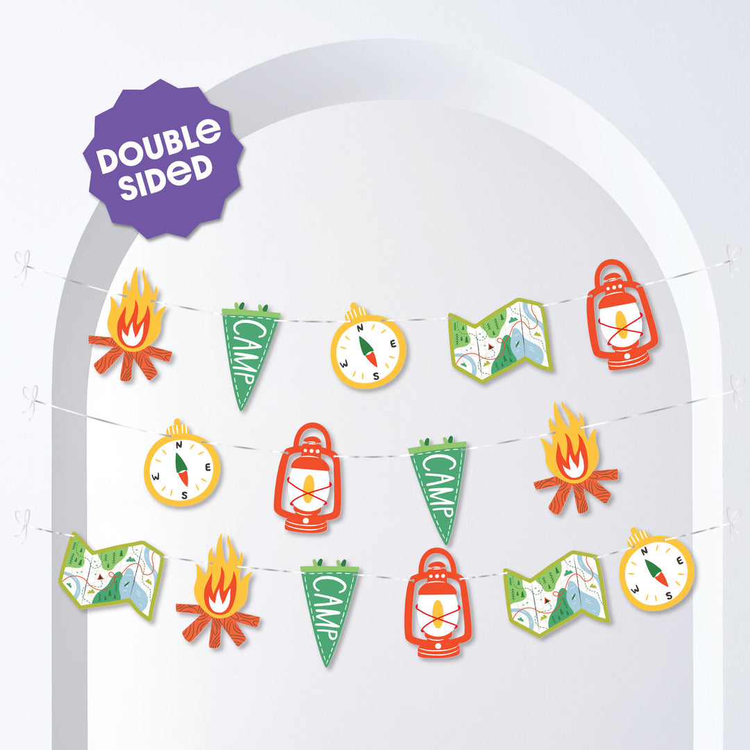 Camping birthday party backdrop with garland banner