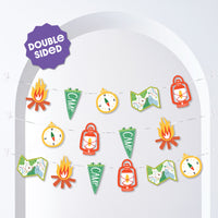Camping birthday party backdrop with garland banner