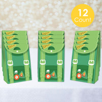 Set of 12 camping themed party favor bags flat lay