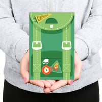 Green explorer-themed pouch held by a person wearing a gray sweater.