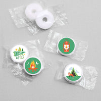 Close-up of camping stickers with lantern and campfire icons