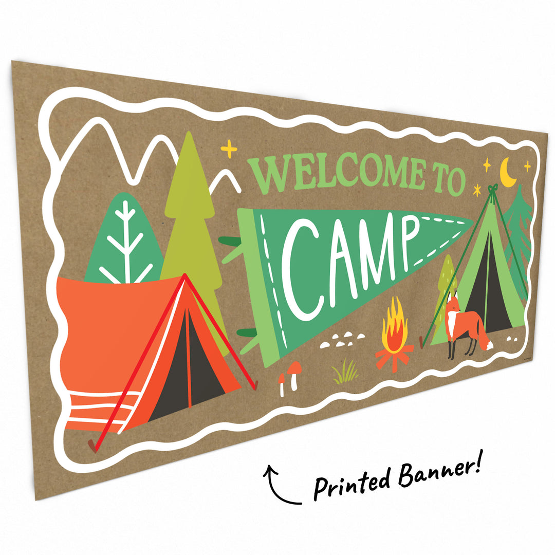 Close-up of welcome to camp text and artwork