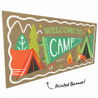Close-up of welcome to camp text and artwork