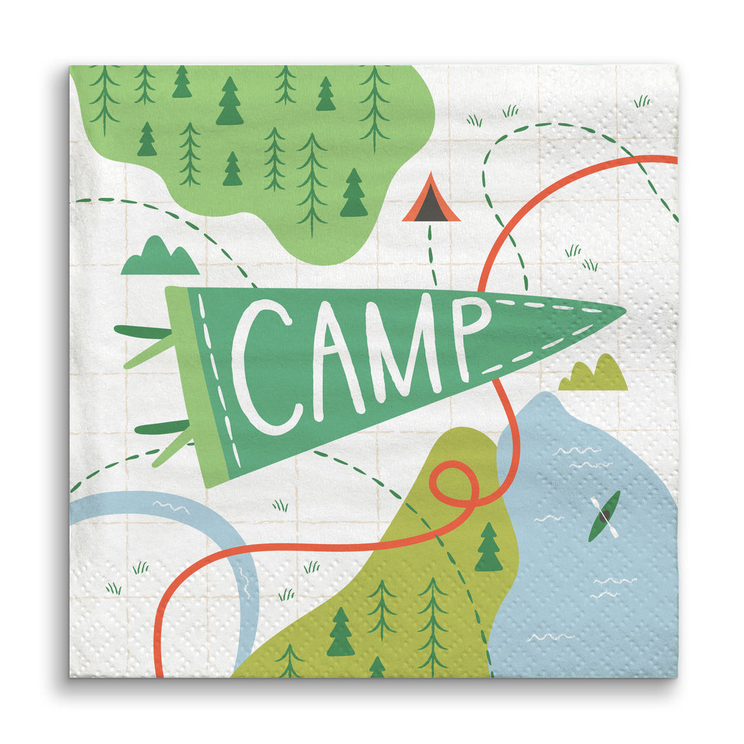 Camping party napkins retro map design stack