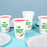 Camping birthday party drink station with custom cups