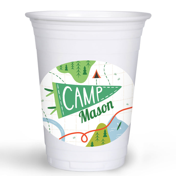 Custom camping party cups with personalized stickers