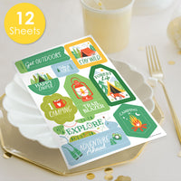 Close-up of camping stickers tents lanterns phrases