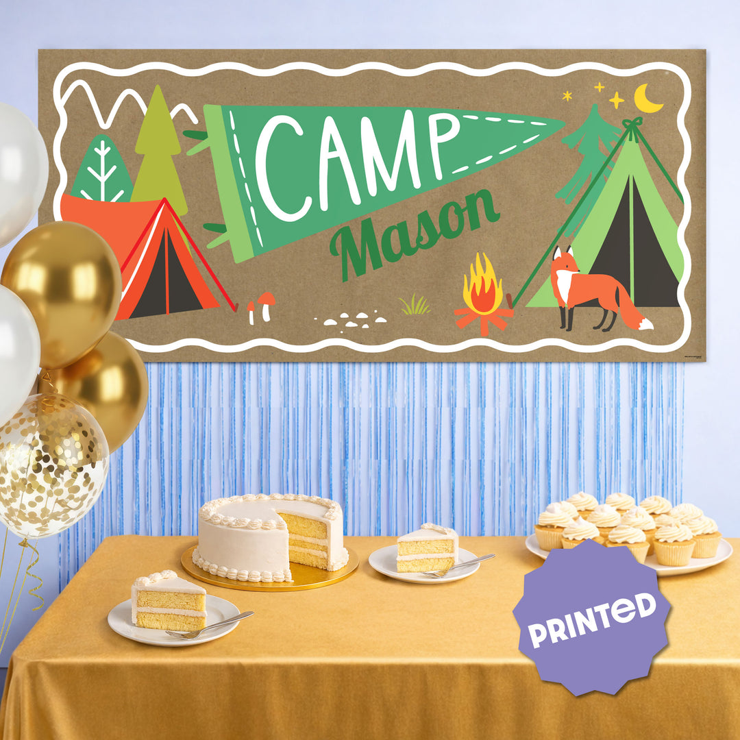 Camping birthday party backdrop with custom banner