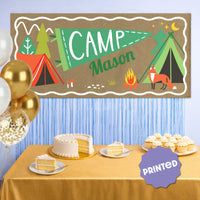 Camping birthday party backdrop with custom banner