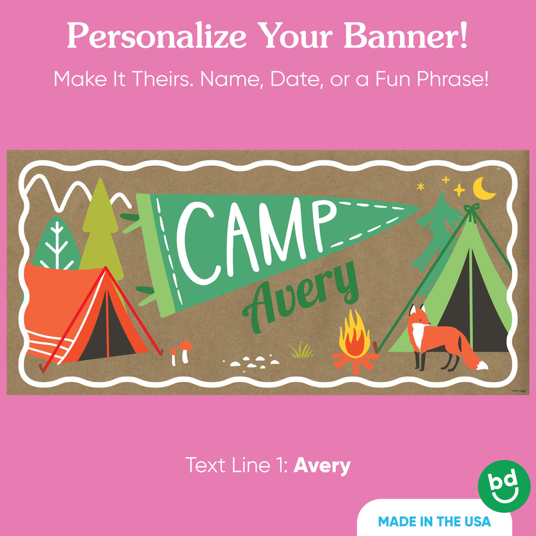 Close-up of custom camp name on banner